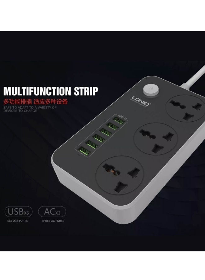 إل دينو - وصلة تمديد كهربائية تناسب جميع الأجهزة ب3 منافذ طاقة و6 منافذ USB أسود/ رمادي - Image 1