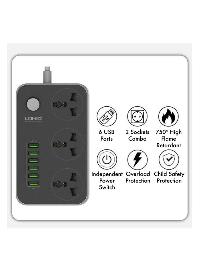 إل دينو - وصلة تمديد كهربائية تناسب جميع الأجهزة ب3 منافذ طاقة و6 منافذ USB أسود/ رمادي - Image 1