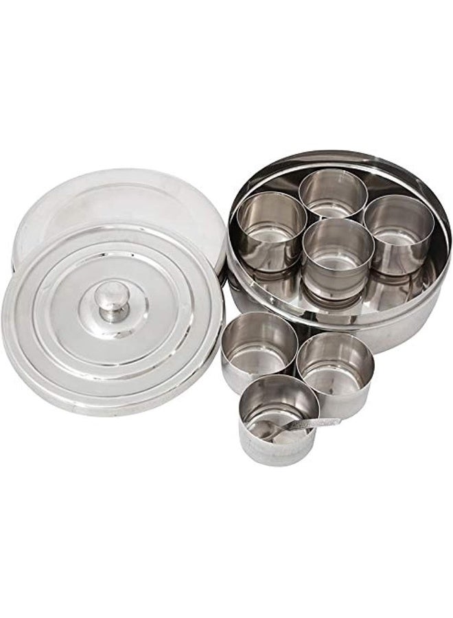 Raj Stainless Steel Catering Spice Storage Box, 8.2 cm, MD0M01 - Masala Box, Masala Petti, Spice Box, 7 Compartments and Spoon Silver 20.5cm - Image 1