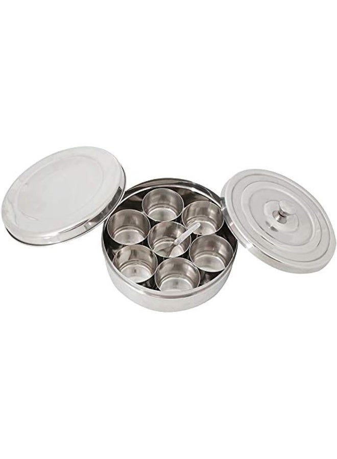 Raj Stainless Steel Catering Spice Storage Box, 8.2 cm, MD0M01 - Masala Box, Masala Petti, Spice Box, 7 Compartments and Spoon Silver 20.5cm - Image 2