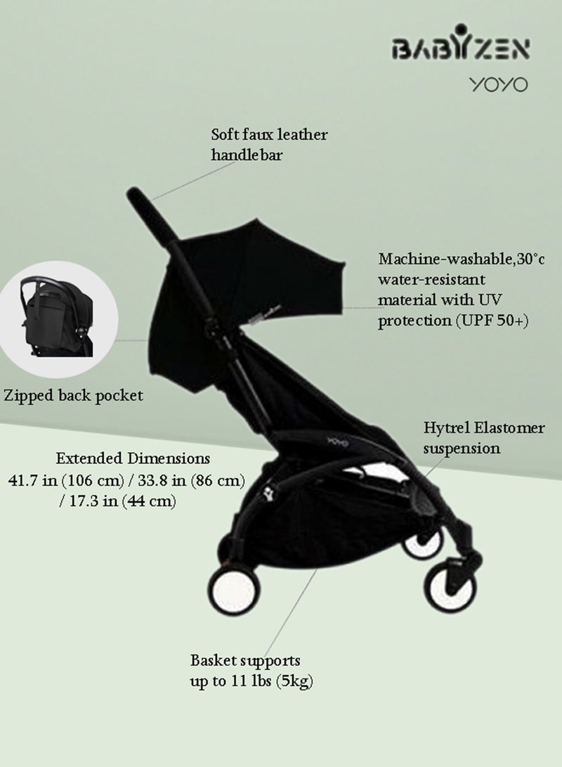 BABYZEN - Yoyo Stroller Includes Harness, Backrest, Hood Extensions, Shoulder Strap, Storage Bag, Seat Cushion And Matching Canopy(White Frame With Black 6+ Colour Pack) - Image 1