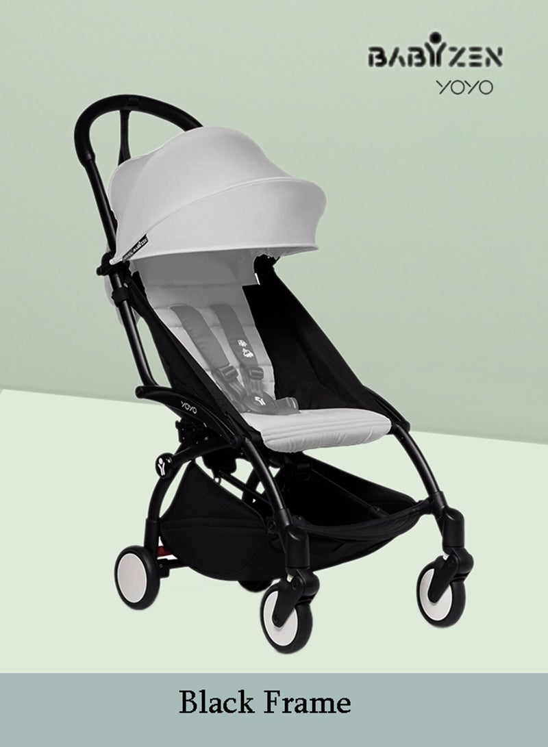 BABYZEN - Yoyo Stroller Includes Harness, Backrest, Hood Extensions, Shoulder Strap, Storage Bag, Seat Cushion And Matching Canopy(White Frame With Black 6+ Colour Pack) - Image 1