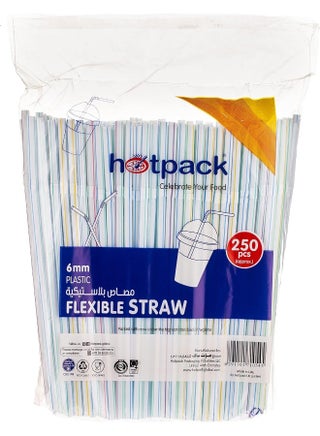Hotpack Extra Long Disposable Flexible Plastic Drinking Straws, 6mm, 250 Pcs Multicolour 250x6mm - view 2