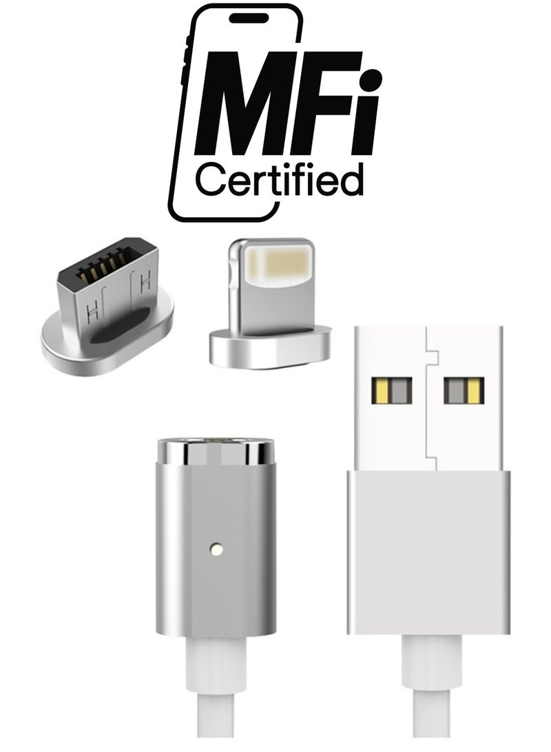 كابل مغناطيسي 2 في 1 مزود بمنافذ Micro USB وLightning فضي - Image 1