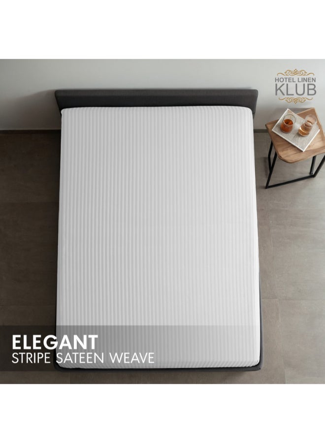 Hotel Linen Klub - 1-Piece Stripe Fitted Sheet-  Luxury Hotel Collection, 100% Premium Cotton with Smooth Sateen Texture, Deep Pocket with Durable Elastic Edges – Size: King Cotton White 200x200cm - Image 1