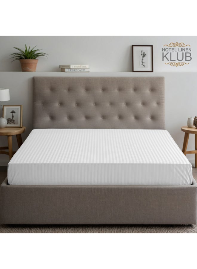 Hotel Linen Klub - 1-Piece Stripe Fitted Sheet-  Luxury Hotel Collection, 100% Premium Cotton with Smooth Sateen Texture, Deep Pocket with Durable Elastic Edges – Size: King Cotton White 200x200cm - Image 1