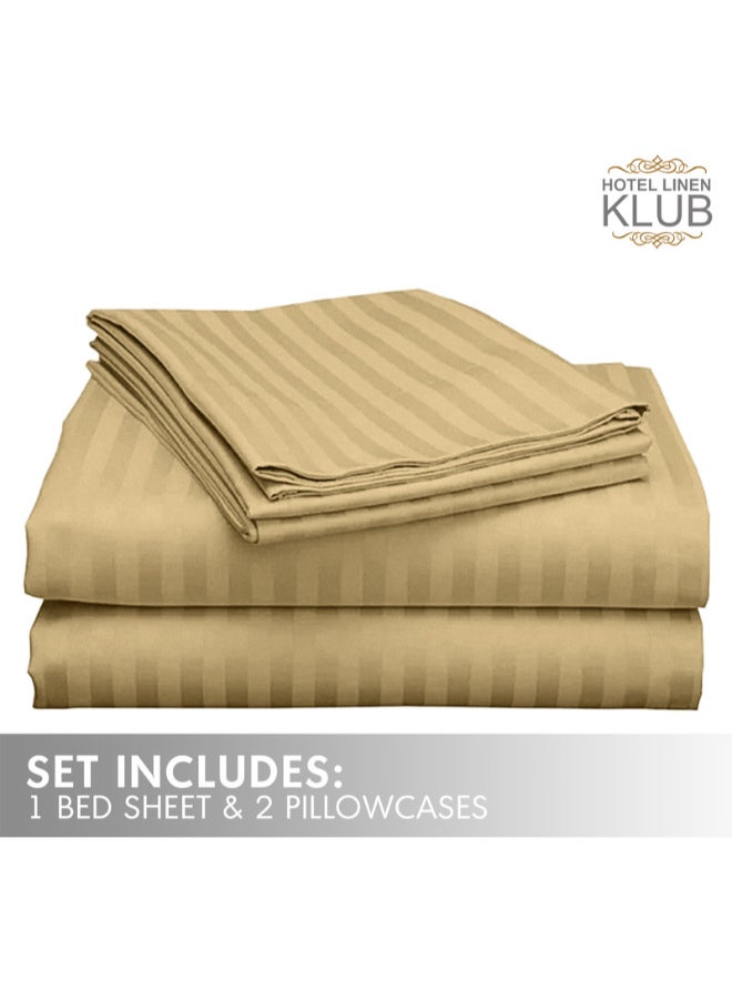 Hotel Linen Klub - 3-Piece Queen Bed Sheet Set – 100% Cotton Sateen Stripe Patterned – Size: 240x260cm + 2 Pillowcases 50x75 cm – Ultra-Soft, Luxury Hotel Collection Cotton Bronze 240x260cm - Image 1