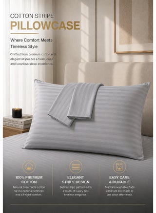 2-Piece Pillowcase Set – 100% Cotton Luxury Hotel Quality, 250 TC Sateen with 1cm Stripe Texture Pattern, Size: 50x75 cm Cotton Silver 50x75cm - view 5