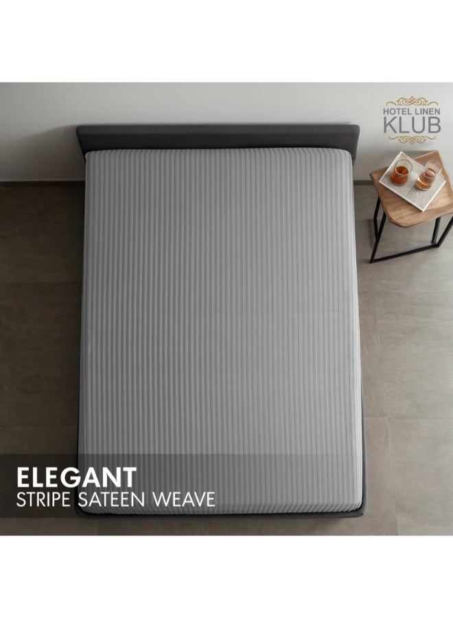 Hotel Linen Klub - 1-Piece Stripe Fitted Sheet-  Luxury Hotel Collection, 100% Premium Cotton with Smooth Sateen Texture, Deep Pocket with Durable Elastic Edges – Size: King Cotton Silver 200x200cm - Image 1