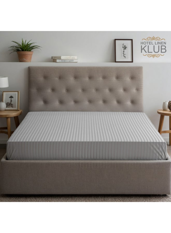 Hotel Linen Klub - 1-Piece Stripe Fitted Sheet-  Luxury Hotel Collection, 100% Premium Cotton with Smooth Sateen Texture, Deep Pocket with Durable Elastic Edges – Size: King Cotton Silver 200x200cm - Image 1