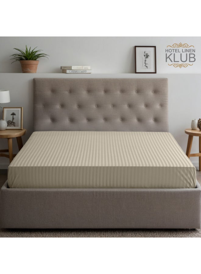 Hotel Linen Klub - 1-Piece Stripe Fitted Sheet-  Luxury Hotel Collection, 100% Premium Cotton with Smooth Sateen Texture, Deep Pocket with Durable Elastic Edges – Size: Queen Cotton Stone - Image 1