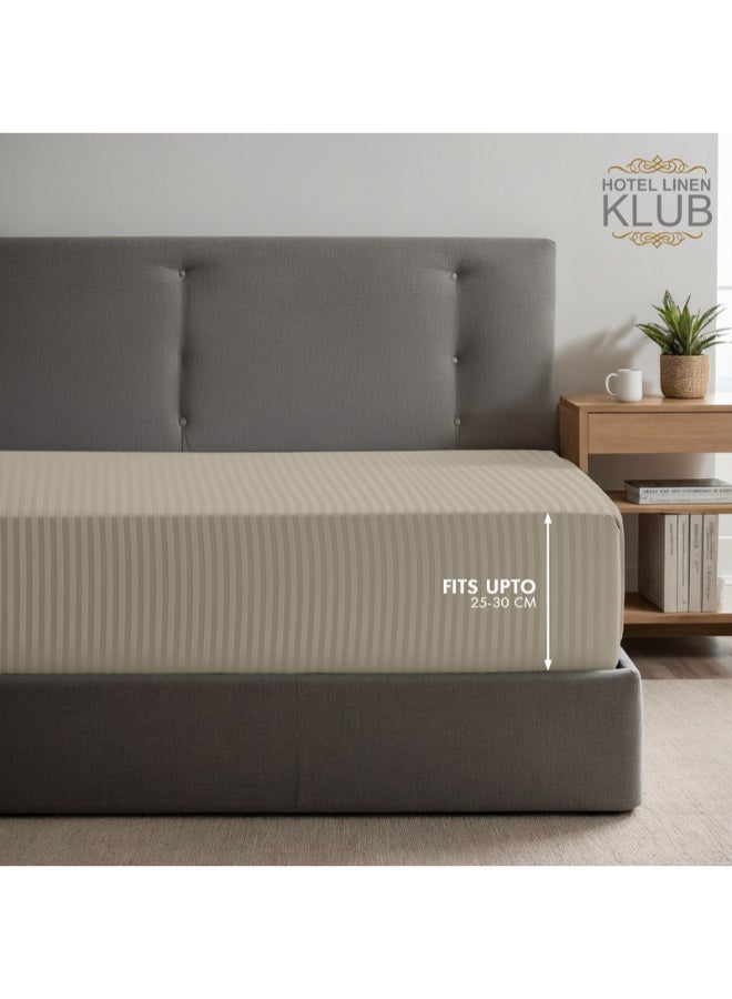 Hotel Linen Klub - 1-Piece Stripe Fitted Sheet-  Luxury Hotel Collection, 100% Premium Cotton with Smooth Sateen Texture, Deep Pocket with Durable Elastic Edges – Size: Queen Cotton Stone - Image 1