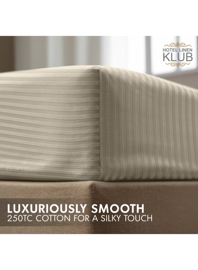 Hotel Linen Klub - 1-Piece Stripe Fitted Sheet-  Luxury Hotel Collection, 100% Premium Cotton with Smooth Sateen Texture, Deep Pocket with Durable Elastic Edges – Size: Queen Cotton Stone - Image 1