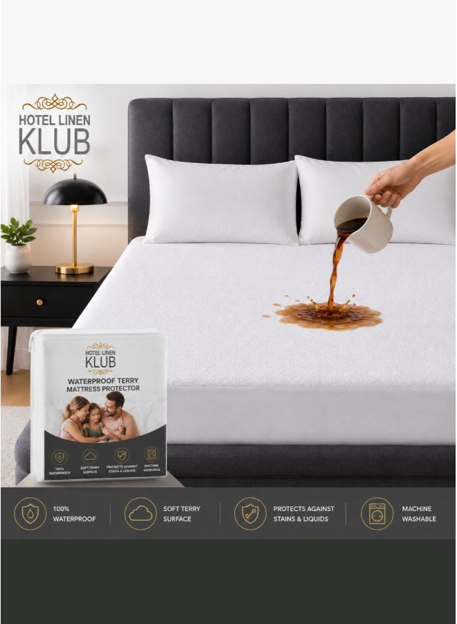 Hotel Linen Klub 100% Waterproof Mattress Protector - Cotton Terry White, Ultra Soft Fitted Bed Protector, 180x200cm Cotton White - Image 1