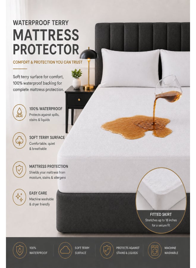 Hotel Linen Klub 100% Waterproof Mattress Protector - Cotton Terry White, Ultra Soft Fitted Bed Protector, 200x200cm Cotton White - Image 2