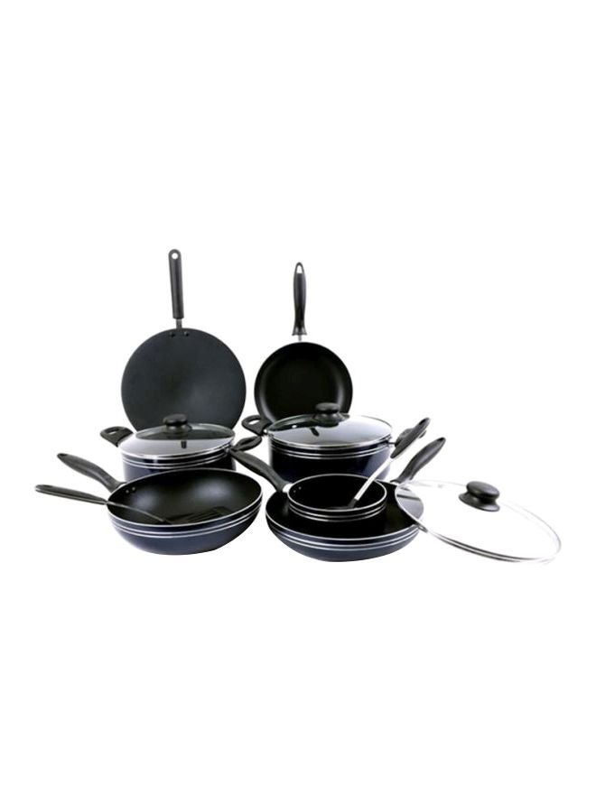 Royalford 12-Piece Aluminium Cookware Set Black Casserole With Lid 26, Casserole With Lid 24, Wokpan 26, Tawa 30, Frypan 24, Frypan 26, Sauce Pan 16cm 