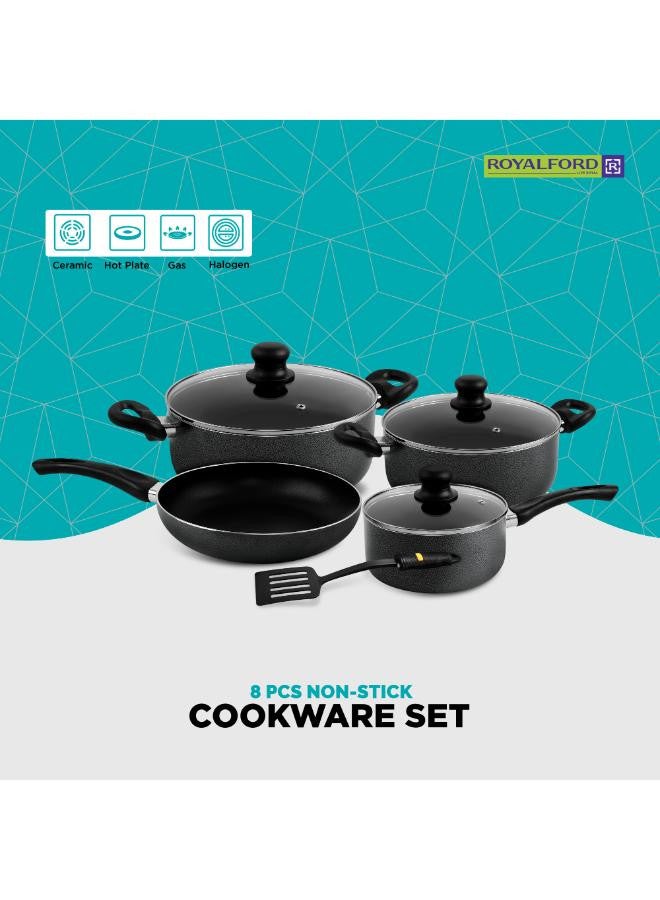Royalford - 8 Pieces Non-Stick Cookware Set Cd Bottom 2.5Mm Thichness Heat Resistant Exterior Strong Aluminium Body Easy Grip Bakelite Handle Durable Interior Pfoa Free Black 54.5X20X33cm - Image 1