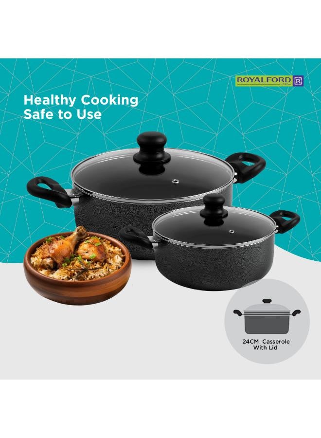 Royalford - 8 Pieces Non-Stick Cookware Set Cd Bottom 2.5Mm Thichness Heat Resistant Exterior Strong Aluminium Body Easy Grip Bakelite Handle Durable Interior Pfoa Free Black 54.5X20X33cm - Image 1
