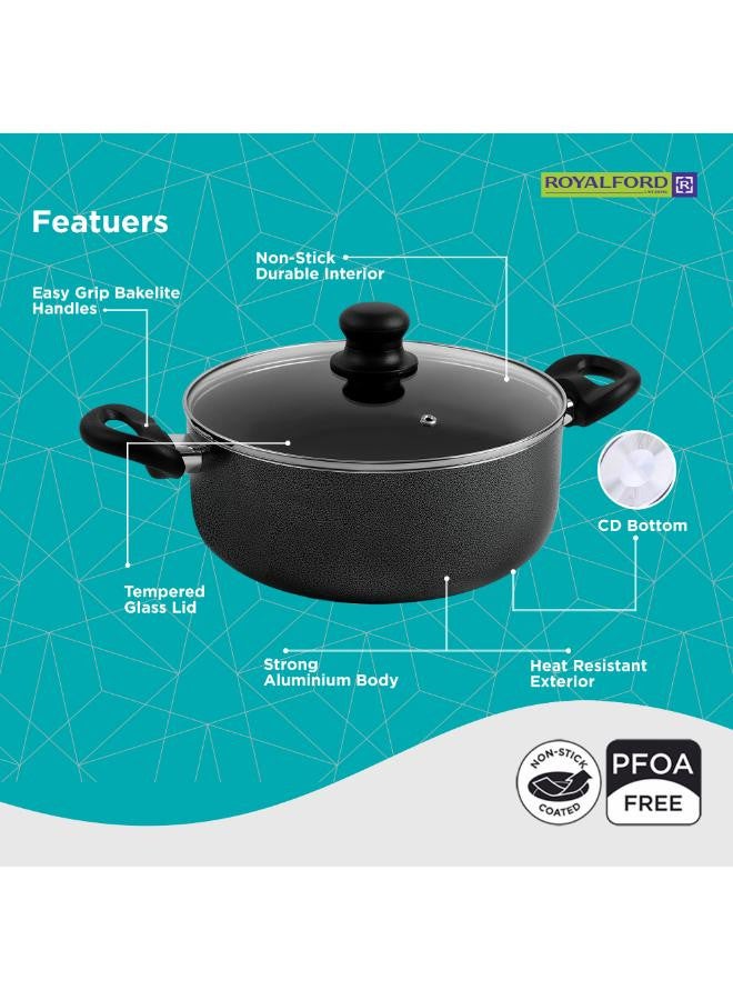 Royalford - 8 Pieces Non-Stick Cookware Set Cd Bottom 2.5Mm Thichness Heat Resistant Exterior Strong Aluminium Body Easy Grip Bakelite Handle Durable Interior Pfoa Free Black 54.5X20X33cm - Image 1