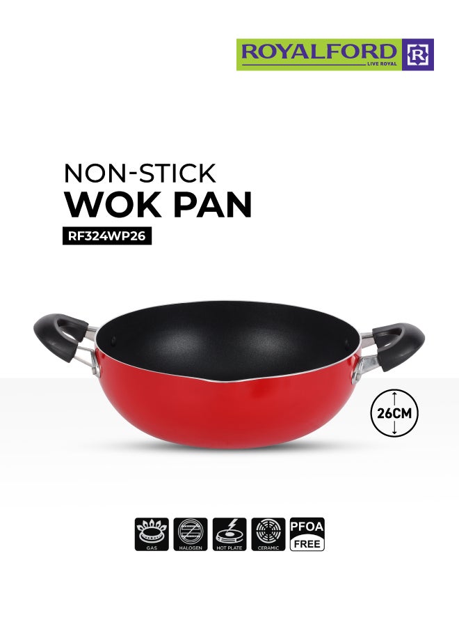 Royalford Kadai Wok Pan 26 CM – Induction Safe Non-Stick Granite Coated Frypan with Heat-Resistant Handles, Durable Cookware Casserole Pan for Frying, Sautéing & Cooking Red 26 CMcm - Image 1