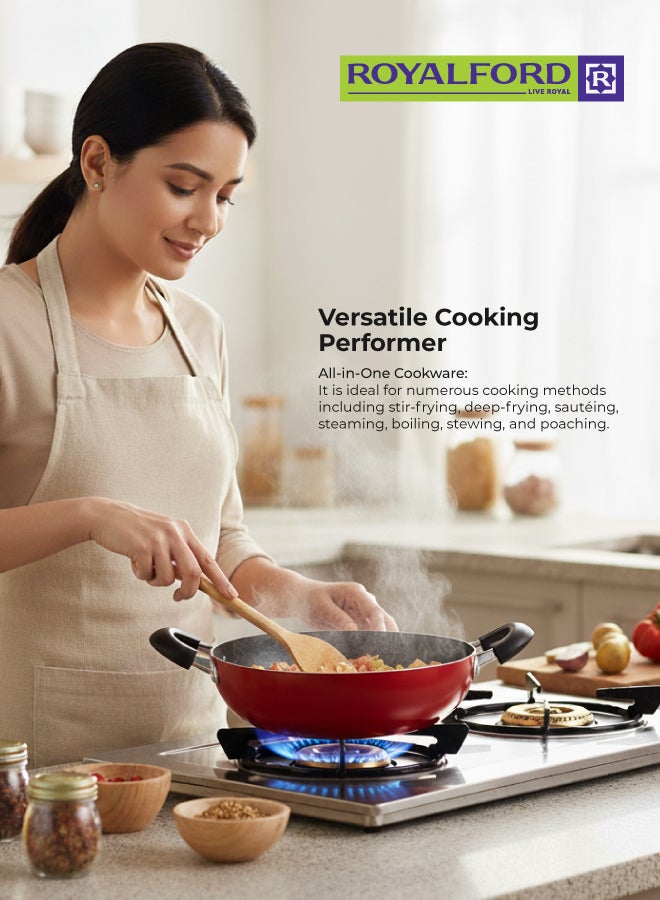Royalford Kadai Wok Pan 26 CM – Induction Safe Non-Stick Granite Coated Frypan with Heat-Resistant Handles, Durable Cookware Casserole Pan for Frying, Sautéing & Cooking Red 26 CMcm - Image 3