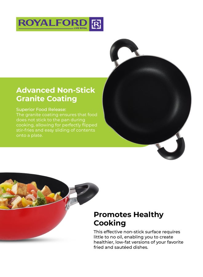 Royalford Kadai Wok Pan 26 CM – Induction Safe Non-Stick Granite Coated Frypan with Heat-Resistant Handles, Durable Cookware Casserole Pan for Frying, Sautéing & Cooking Red 26 CMcm - Image 2