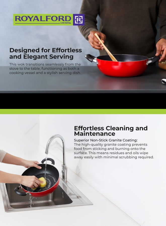 Royalford Kadai Wok Pan 26 CM – Induction Safe Non-Stick Granite Coated Frypan with Heat-Resistant Handles, Durable Cookware Casserole Pan for Frying, Sautéing & Cooking Red 26 CMcm - Image 4