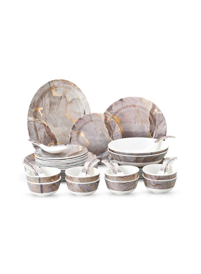 Royalford - 45-Piece Melamlne Dinner Set With 1X36Cm Oval Plate, 8X25Cm Deep Plates, 8X20Cm Soup Plates, 8X20Cm Dinner Plates, 2X20Cm Round Bowls, 8X13Cm Round Bowls, 8Xsoup Spoons, 1Xrice Spoon, 1Xladle, Serves 8 For Famlly Gatherings, Brown Floral White 44.5x28x28cm - Image 1