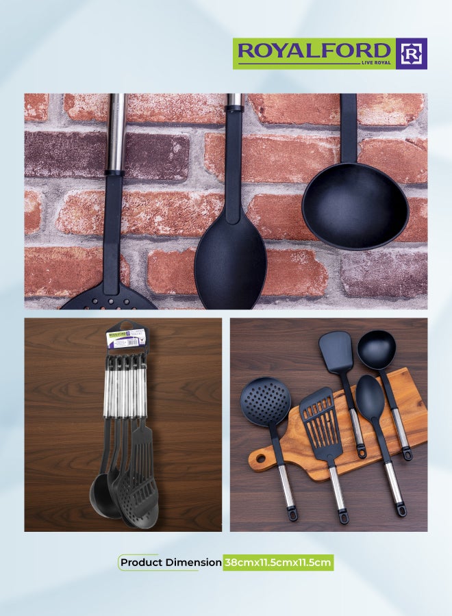 Royalford 5Pieces Nylon Kitchen Tools Set Dishwasher Safe Premium Quality Food Grade Nylon Sturdy Handles With Ss Grip Heat Resistant Upto 210掳C 40O掳F Black With Silver Handle - Image 5
