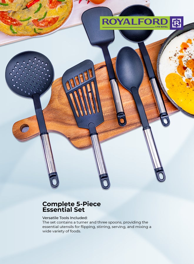 Royalford 5Pieces Nylon Kitchen Tools Set Dishwasher Safe Premium Quality Food Grade Nylon Sturdy Handles With Ss Grip Heat Resistant Upto 210掳C 40O掳F Black With Silver Handle - Image 3