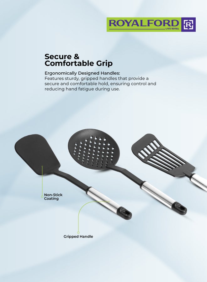 Royalford 5Pieces Nylon Kitchen Tools Set Dishwasher Safe Premium Quality Food Grade Nylon Sturdy Handles With Ss Grip Heat Resistant Upto 210掳C 40O掳F Black With Silver Handle - Image 2