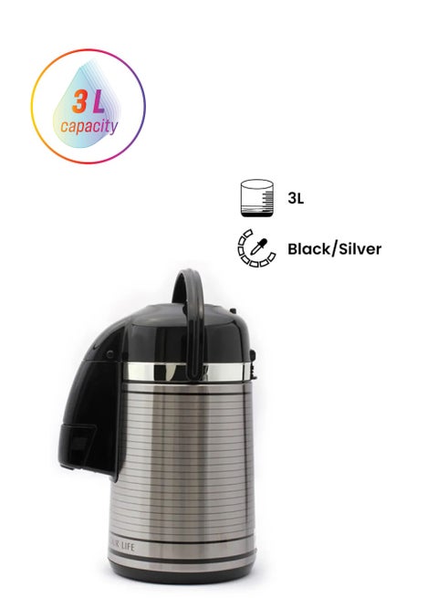 Royalford 3L Glass Vacuum Flask-RF6277| Glass Inner for Hot and Cold Beverages| Comfortable Handle, One Press Switch, Easy to Carry and Safe to Touch| Suitable for Indoor and Outdoor Use| Grey Black/Silver