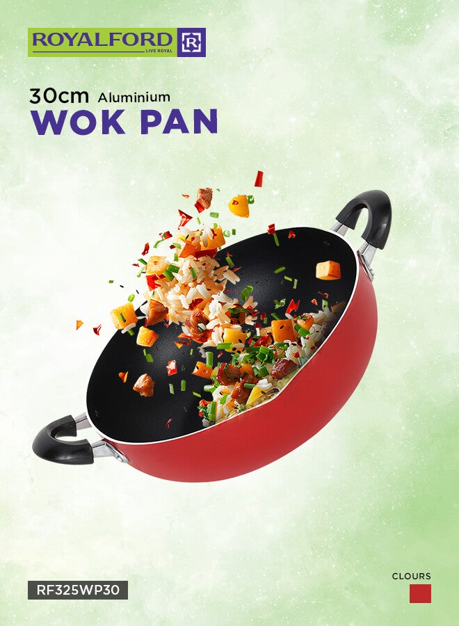 Royalford 30CM Aluminium Wok Pan with CD Bottom – Induction-Safe Frying Pan with Durable Granite Non-Stick Coating, Heat-Resistant Portable Handle, Pressed Aluminium Cookware for Stir-Fry & Saute Red 30 CMcm - Image 1