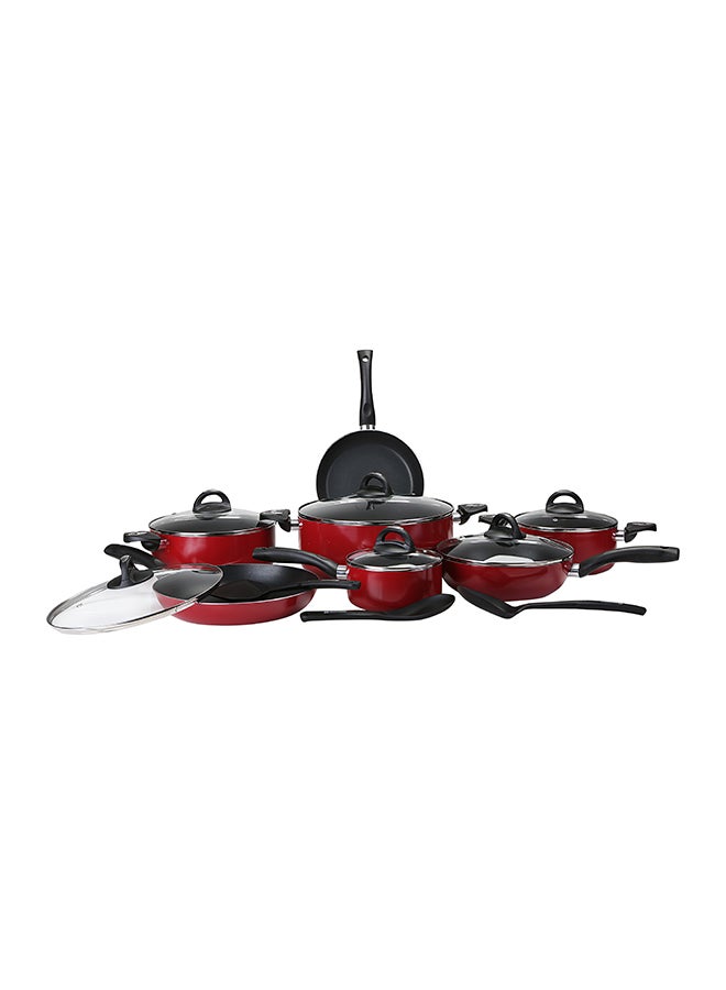Royalford 16-Piece Aluminium Non Stick Interior Durable & Light Weight Cookware Set Includes 1x 20cm Casserole With Lid, 1x 24cm Casserole With Lid 1x 30cm Casserole With Lid, 1x 16cm Sauce Pan With Lid, 1x 28cm Flat Fry Pan With Lid , 1x 24cm Flat Fry Pan With Lid, 1x 24cm Wok Pan, 1x Nylon Spoon, 1x Nylon Slotted Spatula, 1x Nylon Spatula Red - Image 1