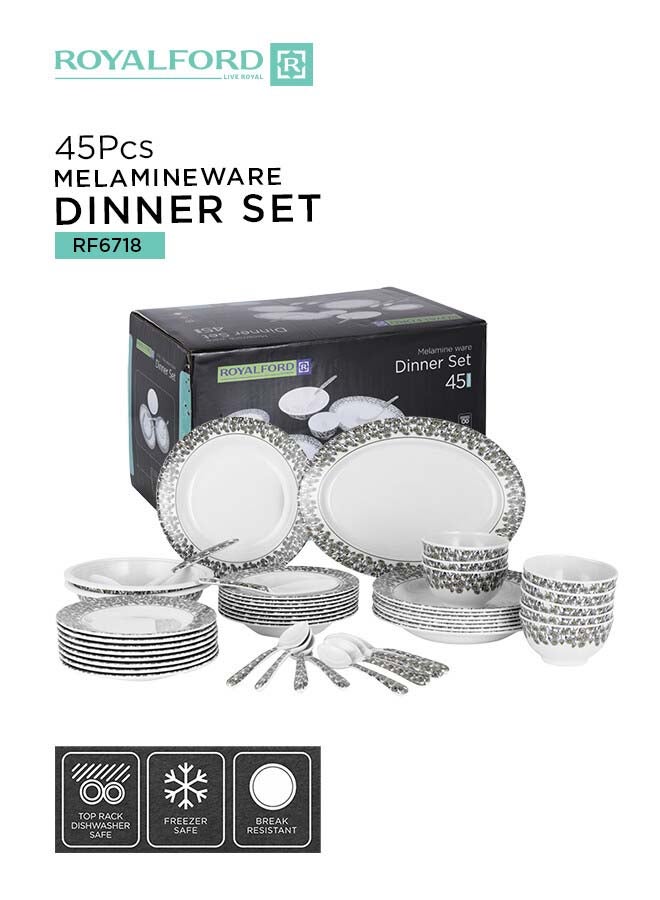 Royalford 45 Pieces Melamine Ware Dinner Set Top Rack Dishwasher Safe Freezer Safe Break Resistant Premium Quality Lightweight Chip Resistant White/Blue  - Image 1