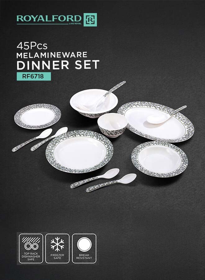 Royalford 45 Pieces Melamine Ware Dinner Set Top Rack Dishwasher Safe Freezer Safe Break Resistant Premium Quality Lightweight Chip Resistant White/Blue  - Image 5