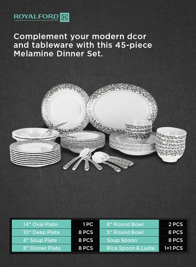 Royalford 45 Pieces Melamine Ware Dinner Set Top Rack Dishwasher Safe Freezer Safe Break Resistant Premium Quality Lightweight Chip Resistant White/Blue  - Image 2