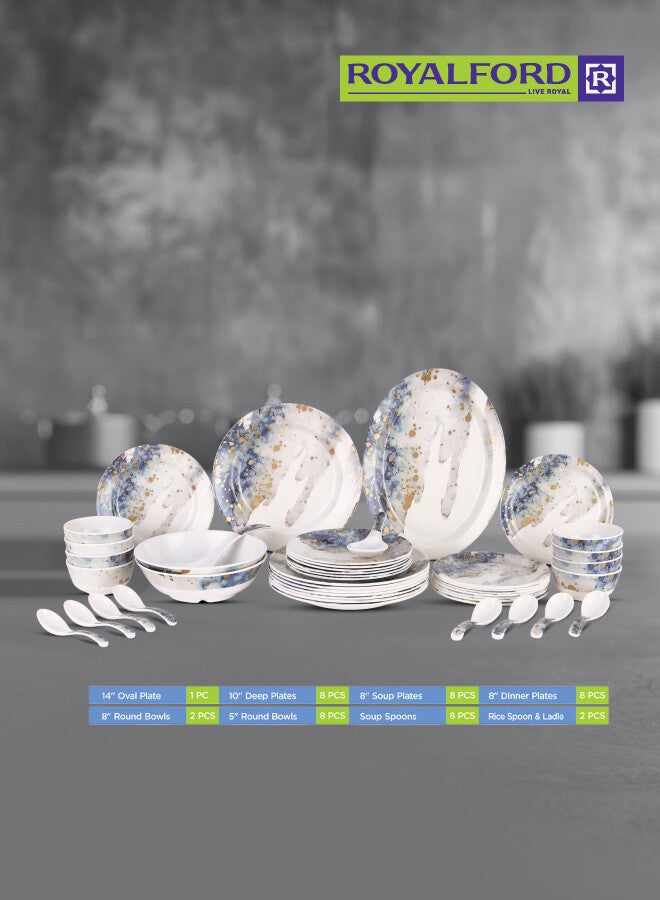 Royalford 45 Pieces Melamine Ware Dinner Set Top Rack Dishwasher Safe Freezer Safe Break Resistant Premium Quality Lightweight Chip Resistant White/Blue - Image 5