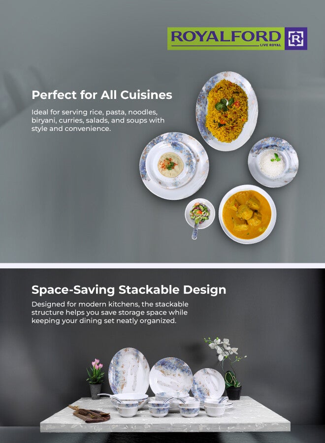 Royalford 45 Pieces Melamine Ware Dinner Set Top Rack Dishwasher Safe Freezer Safe Break Resistant Premium Quality Lightweight Chip Resistant White/Blue - Image 4