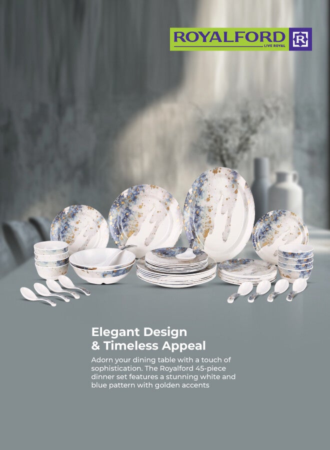 Royalford 45 Pieces Melamine Ware Dinner Set Top Rack Dishwasher Safe Freezer Safe Break Resistant Premium Quality Lightweight Chip Resistant White/Blue - Image 2