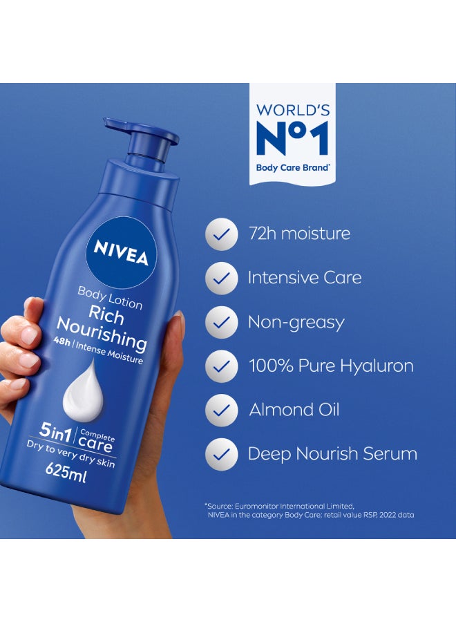 Nivea Body Lotion Rich Nourishing 72h Moisture Blue 625ml - Image 2
