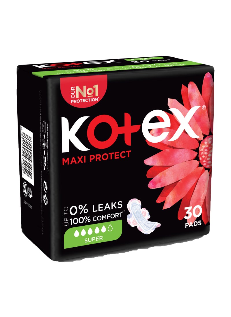 Kotex Maxi Protect Thick Pads, Super Size Sanitary Pads with Wings, 30 Sanitary Pads 30 Pads - Image 1
