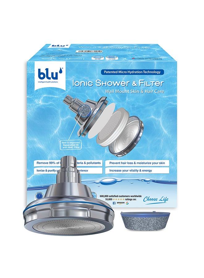 Blu Wall Mounted  Shower Filter Skin and Haircare Removes Chlorine and Harmful Pollutants  Prevent Hair Loss and Moisturize Your Skin Chrome Plated 12x12x10cm 