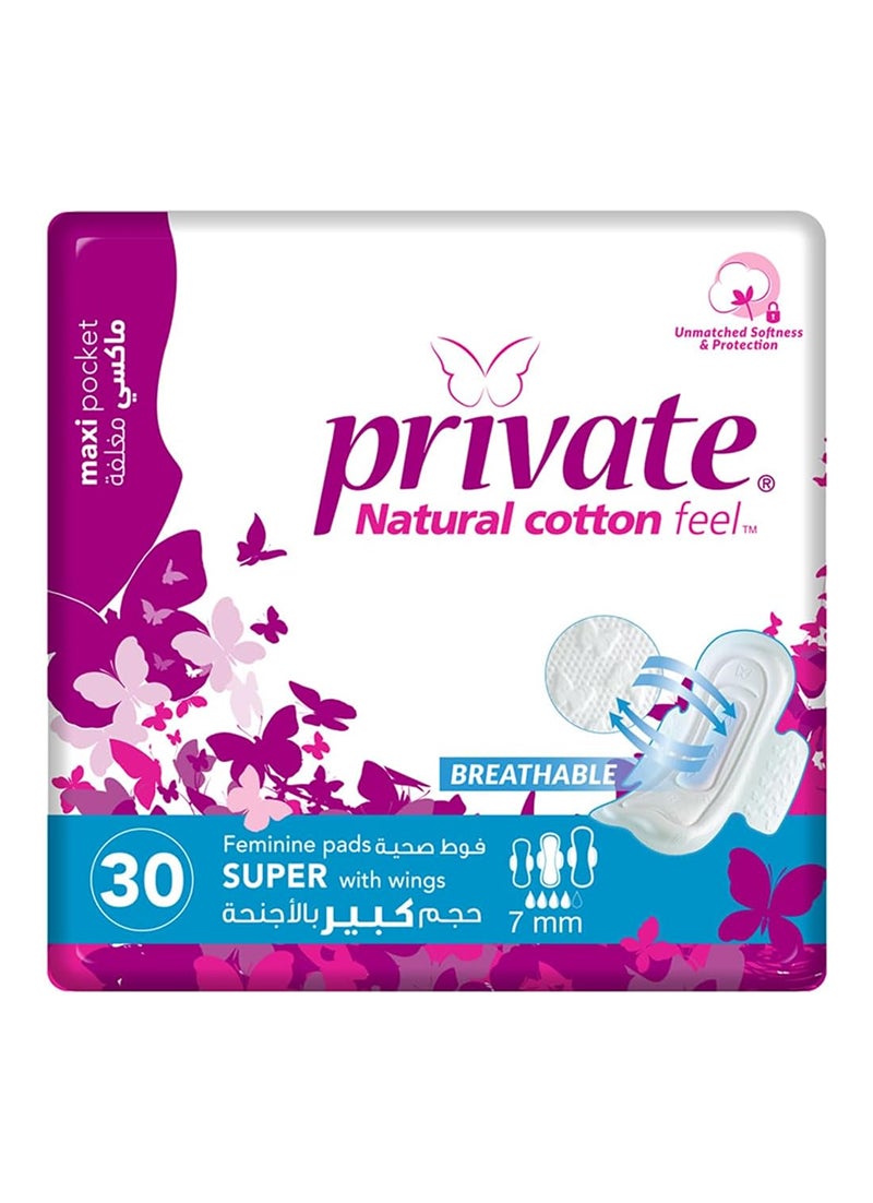 Private Maxi Pocket Sanitary Pads Super With Wings 30 Count - Image 1