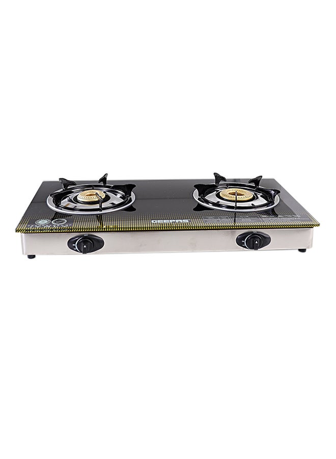 GEEPAS 8mm Thick Tempered Gas, Auto Piezo Ignition Double Gas Burner, Stainless Steel frame & Tray, LPG With 5000 pa, Heavy Cast Iron Mixing Tube, Enamel Pan Support GK6758 Multicolour  - Image 1