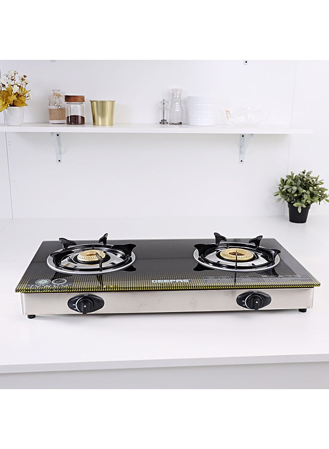 GEEPAS 8mm Thick Tempered Gas, Auto Piezo Ignition Double Gas Burner, Stainless Steel frame & Tray, LPG With 5000 pa, Heavy Cast Iron Mixing Tube, Enamel Pan Support GK6758 Multicolour  - Image 2