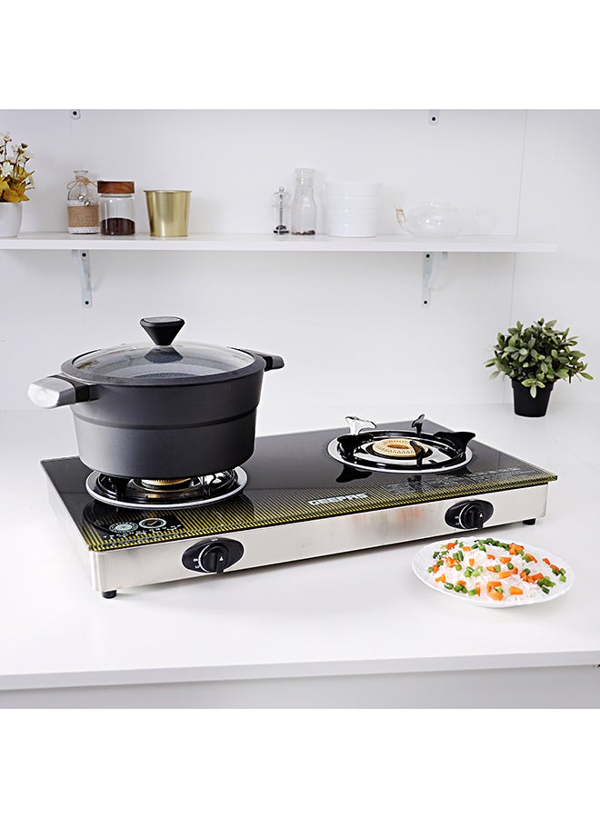 GEEPAS 8mm Thick Tempered Gas, Auto Piezo Ignition Double Gas Burner, Stainless Steel frame & Tray, LPG With 5000 pa, Heavy Cast Iron Mixing Tube, Enamel Pan Support GK6758 Multicolour  - Image 5