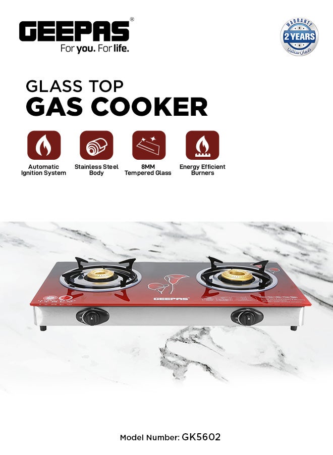 GEEPAS - Double Burner Glass Top Gas Stove Stainless Steel Frame and Tray  Auto Piezo Ignition GK5602 Red - Image 1