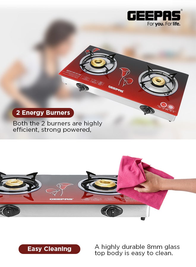 GEEPAS - Double Burner Glass Top Gas Stove Stainless Steel Frame and Tray  Auto Piezo Ignition GK5602 Red - Image 1