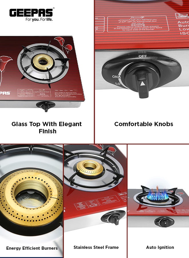 GEEPAS - Double Burner Glass Top Gas Stove Stainless Steel Frame and Tray  Auto Piezo Ignition GK5602 Red - Image 1